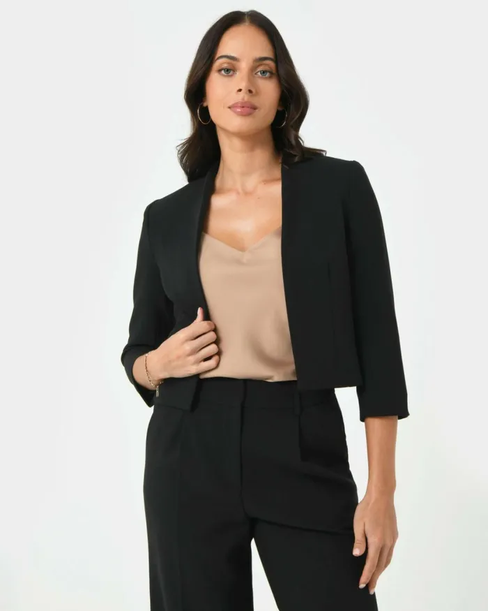 Forcast Nikki Collarless Crop Jacket Ivoryblack Women Jackets and Blazers