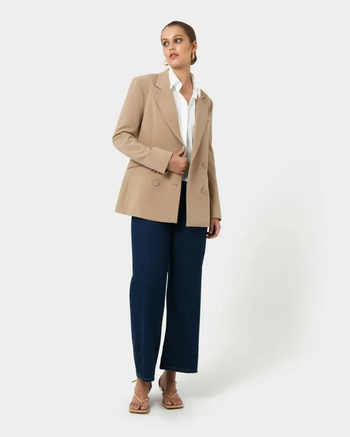 Forcast Nikki Double Breasted Blazer Warm Taupeblack Women Jackets and Blazers
