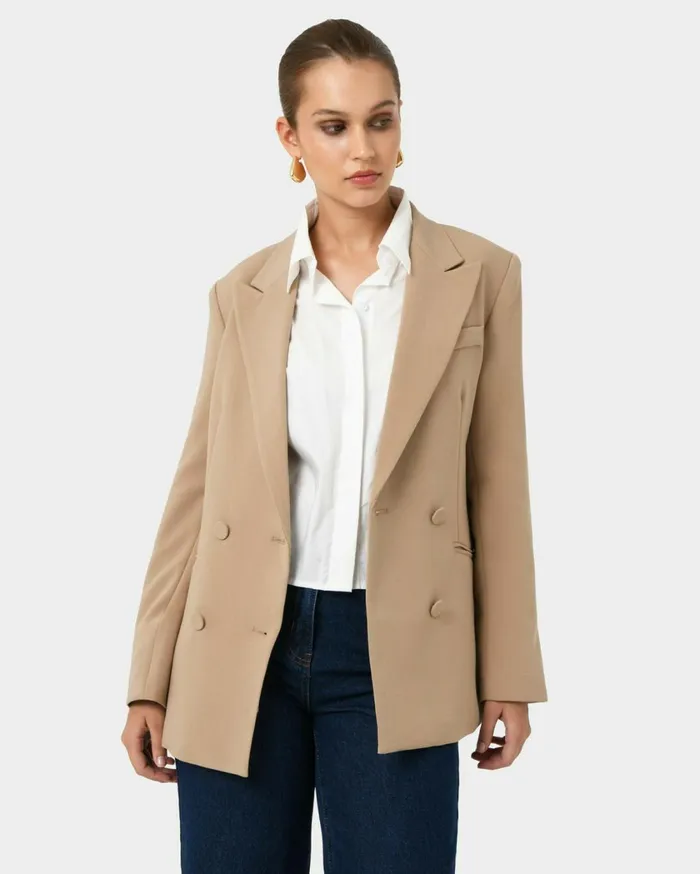 Forcast Nikki Double Breasted Blazer Warm Taupeblack Women Jackets and Blazers
