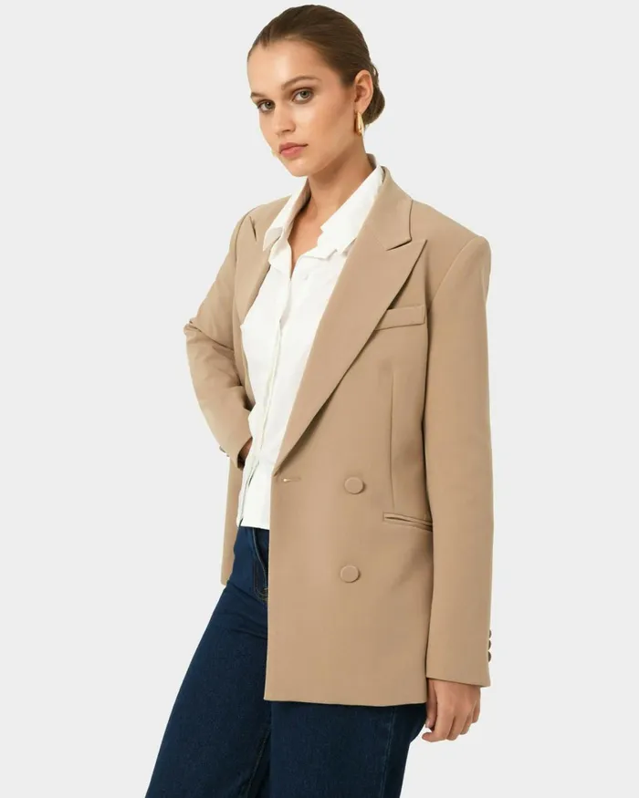 Forcast Nikki Double Breasted Blazer Warm Taupeblack Women Jackets and Blazers