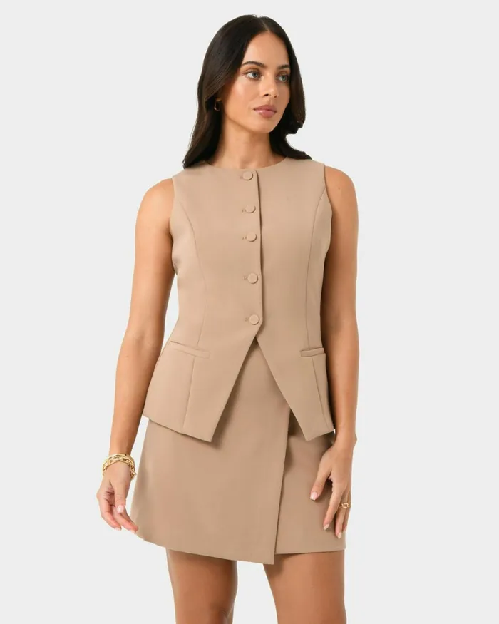 Forcast Nikki Longline Vest Warm Taupeivoryblack Women TShirts and Tops