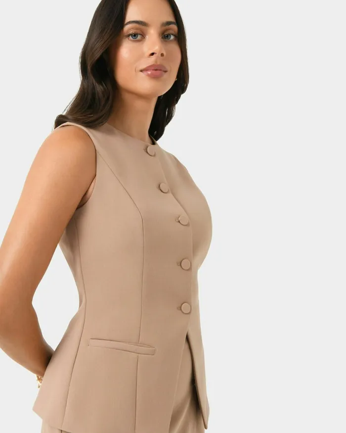Forcast Nikki Longline Vest Warm Taupeivoryblack Women TShirts and Tops