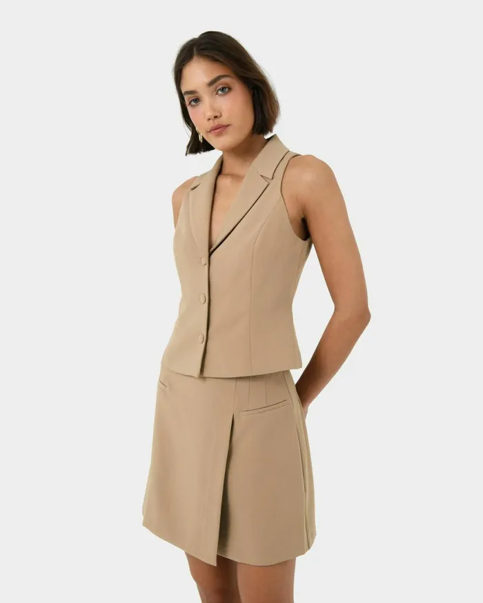 Forcast Nikki Mini Wrap Skirt Warm Taupewhiteblack Women Mini Skirts