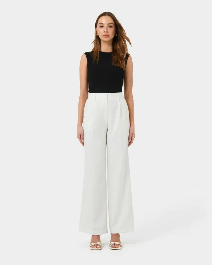 Forcast Nikki Tailored Elastic Pants Warm Taupeivoryblack Women HighWaisted Pants