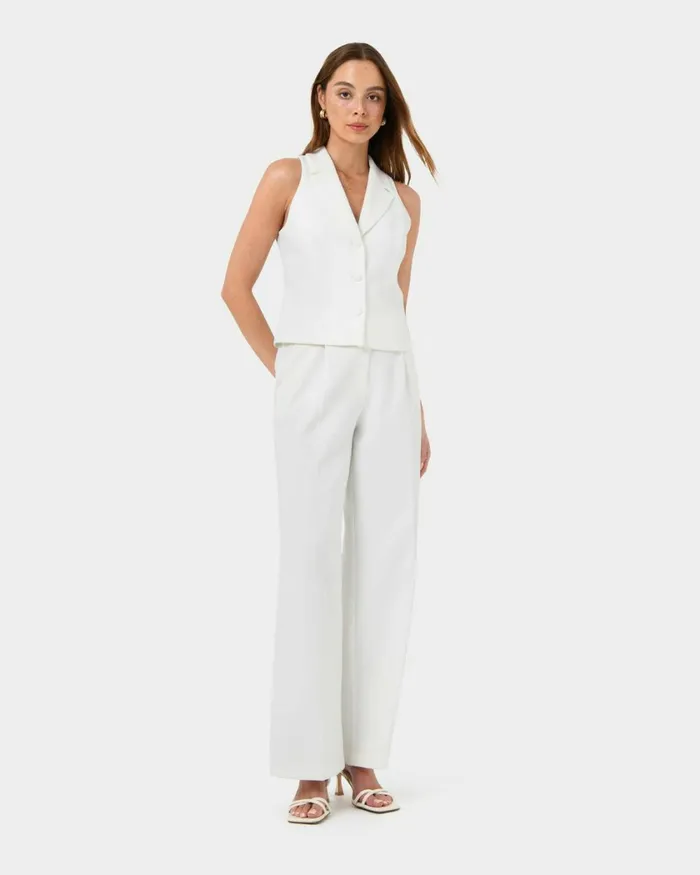 Forcast Nikki Tailored Elastic Pants Warm Taupeivoryblack Women HighWaisted Pants