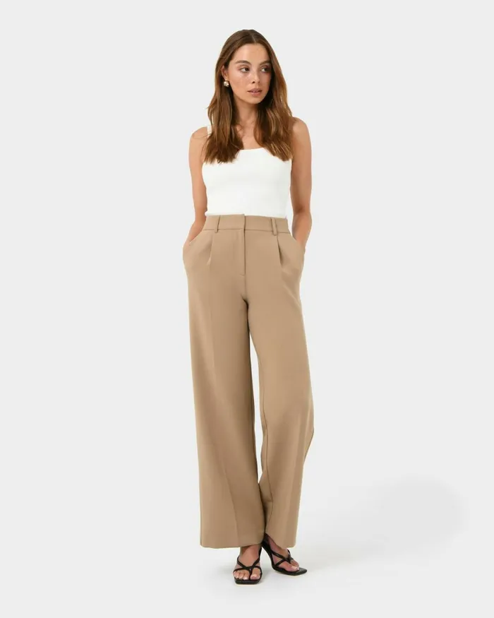 Forcast Nikki Tailored Elastic Pants Warm Taupeivoryblack Women HighWaisted Pants