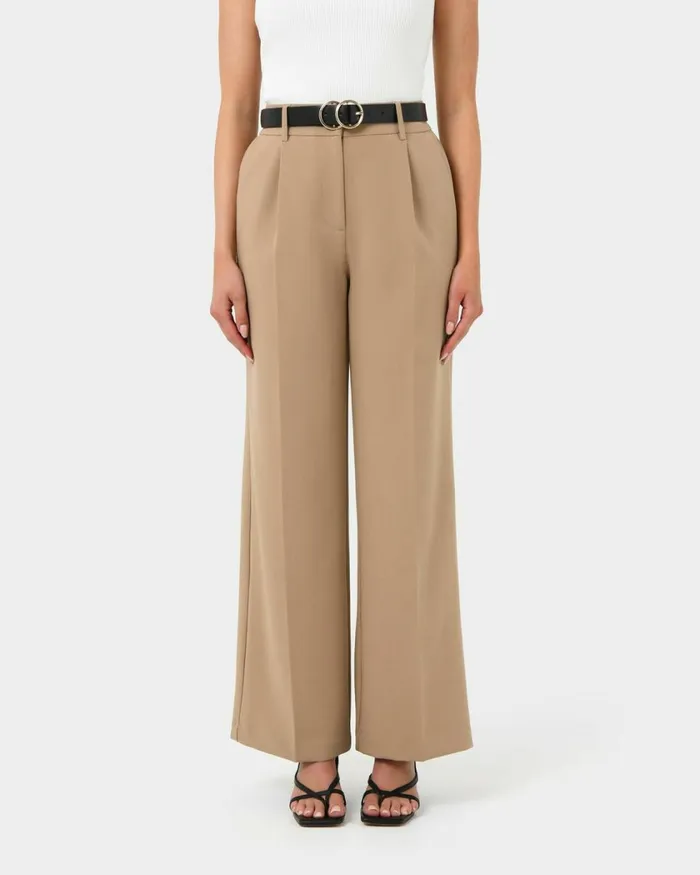 Forcast Nikki Tailored Elastic Pants Warm Taupeivoryblack Women HighWaisted Pants