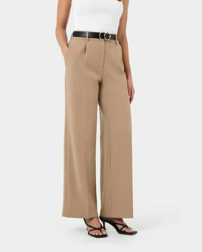 Forcast Nikki Tailored Elastic Pants Warm Taupeivoryblack Women HighWaisted Pants