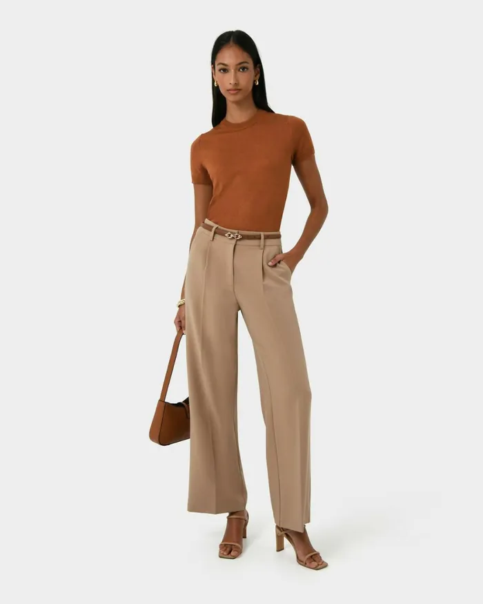 Forcast Nikki Tailored Pants Warm Taupeivoryblack Women HighWaisted Pants