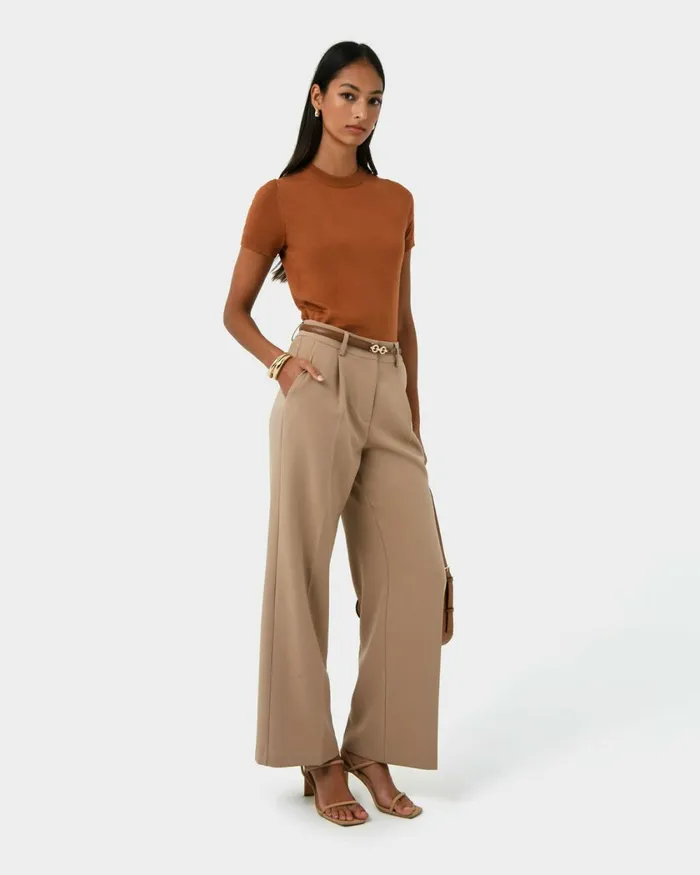 Forcast Nikki Tailored Pants Warm Taupeivoryblack Women HighWaisted Pants