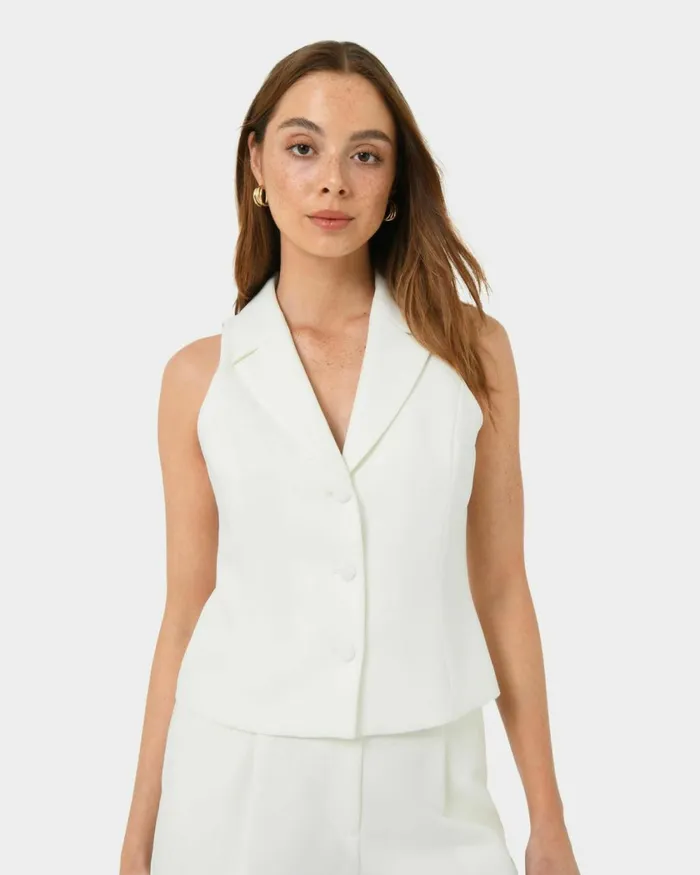 Forcast Nikki Tailored Vest Warm Taupeivoryblack Women TShirts and Tops