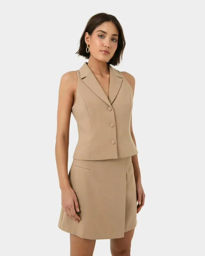 Forcast Nikki Tailored Vest Warm Taupeivoryblack Women TShirts and Tops