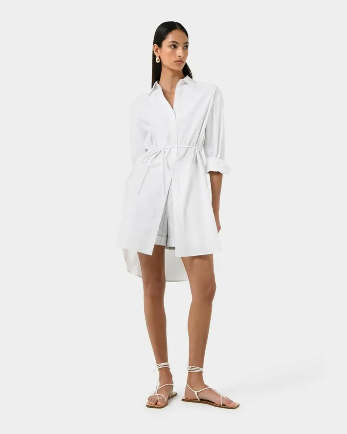 Forcast Oakley Cotton Tie Shirt Dress White Women Midi Dresses