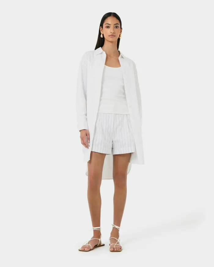 Forcast Oakley Cotton Tie Shirt Dress White Women Midi Dresses