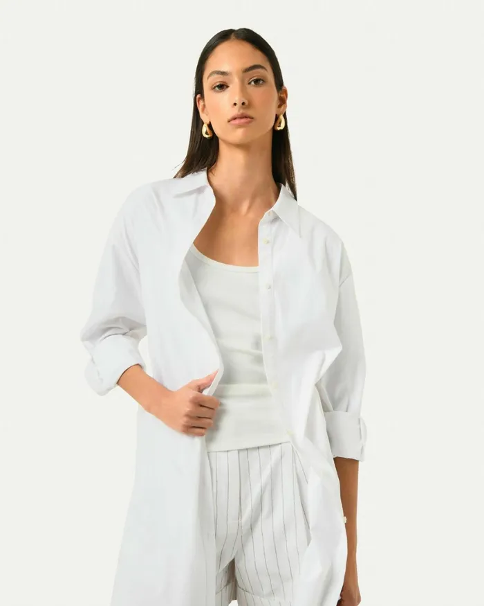 Forcast Oakley Cotton Tie Shirt Dress White Women Midi Dresses