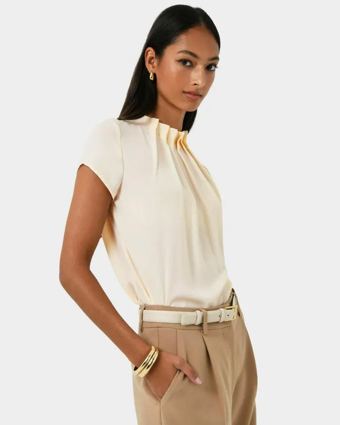 Forcast Olivia Pleated High Neck Top Eggshellpastel Peachwineivoryblack Women TShirts and Tops