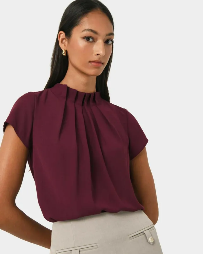 Forcast Olivia Pleated High Neck Top Eggshellpastel Peachwineivoryblack Women TShirts and Tops