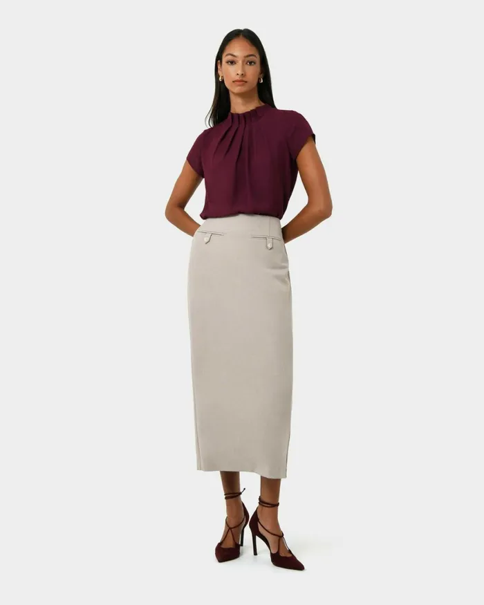 Forcast Olivia Pleated High Neck Top Eggshellpastel Peachwineivoryblack Women TShirts and Tops