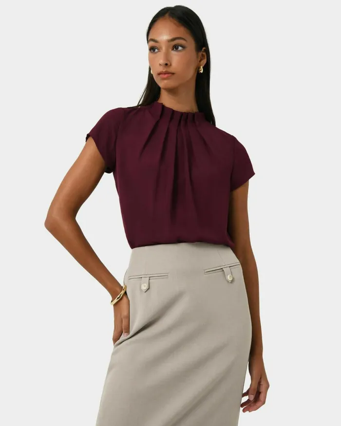 Forcast Olivia Pleated High Neck Top Eggshellpastel Peachwineivoryblack Women TShirts and Tops