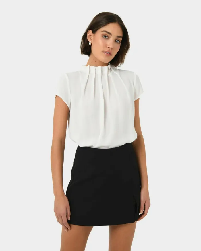 Forcast Olivia Pleated High Neck Top Eggshellpastel Peachwineivoryblack Women TShirts and Tops