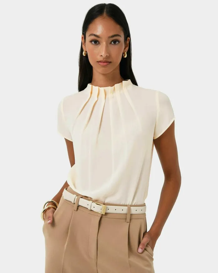 Forcast Olivia Pleated High Neck Top Eggshellpastel Peachwineivoryblack Women TShirts and Tops