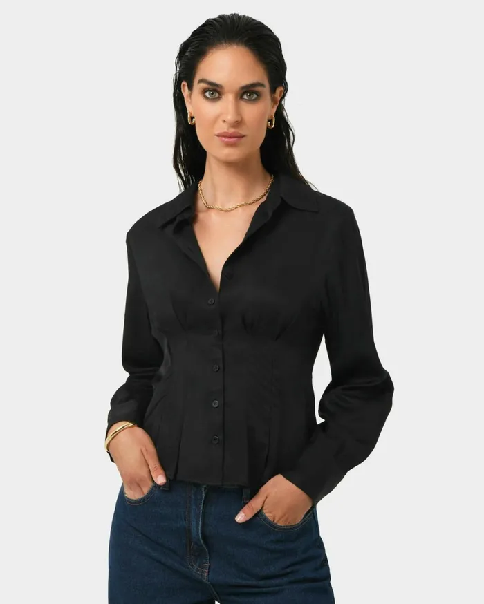 Forcast Paige Gathered Shirt Ivoryblack Women Long Sleeve Tops