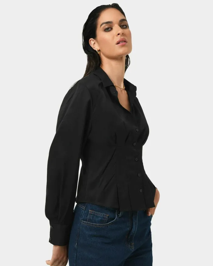 Forcast Paige Gathered Shirt Ivoryblack Women Long Sleeve Tops