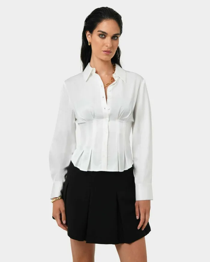 Forcast Paige Gathered Shirt Ivoryblack Women Long Sleeve Tops