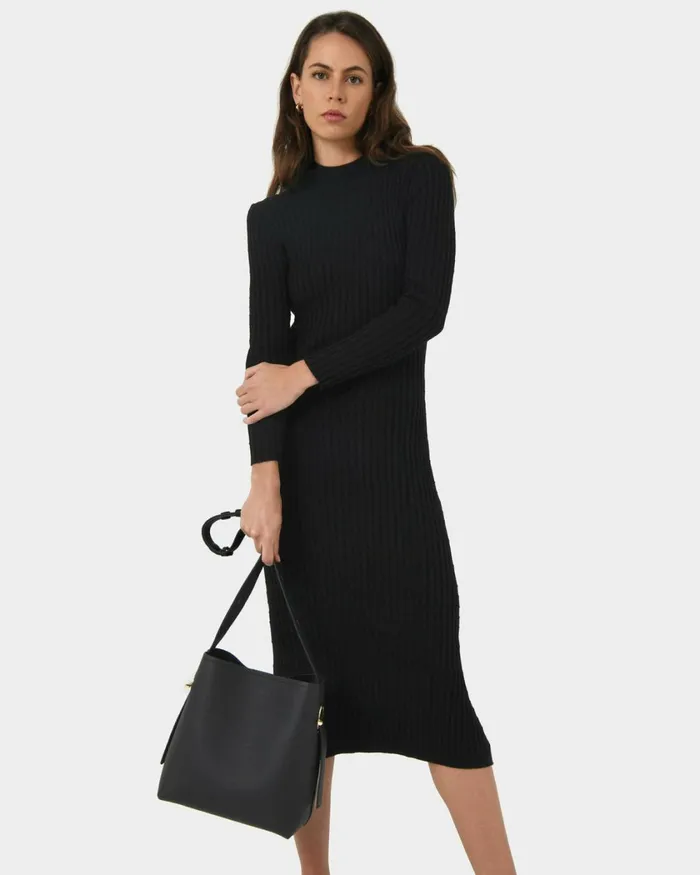 Forcast Payton Long Sleeve Knit Dress Sepiablack Women Midi Dresses