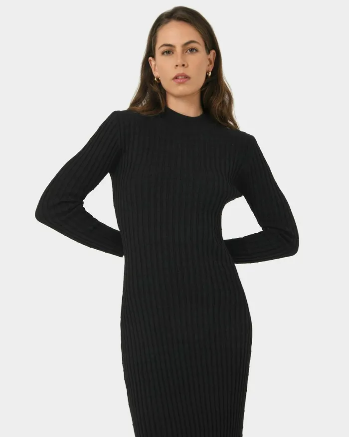 Forcast Payton Long Sleeve Knit Dress Sepiablack Women Midi Dresses