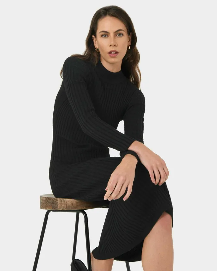 Forcast Payton Long Sleeve Knit Dress Sepiablack Women Midi Dresses
