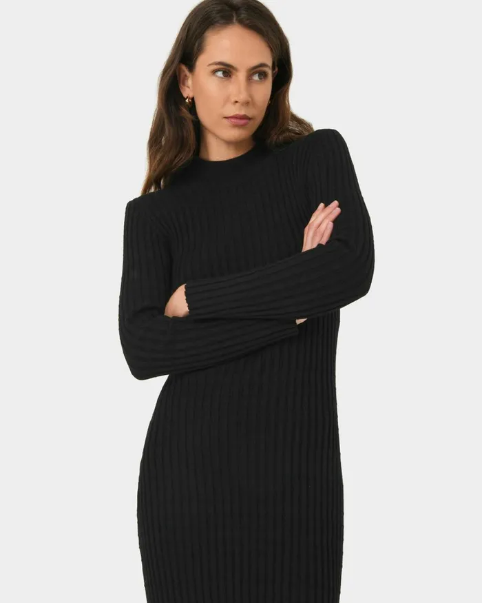 Forcast Payton Long Sleeve Knit Dress Sepiablack Women Midi Dresses