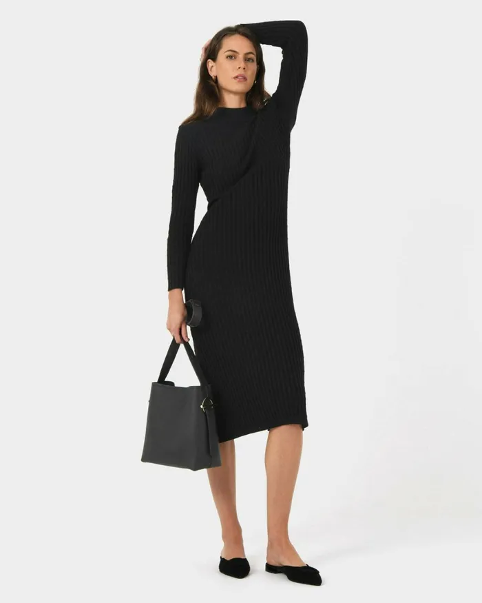 Forcast Payton Long Sleeve Knit Dress Sepiablack Women Midi Dresses