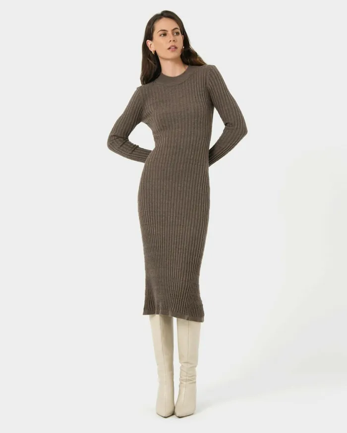 Forcast Payton Long Sleeve Knit Dress Sepiablack Women Midi Dresses