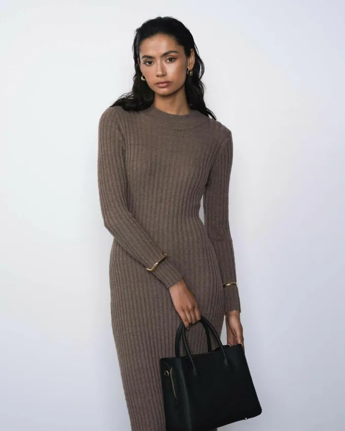 Forcast Payton Long Sleeve Knit Dress Sepiablack Women Midi Dresses