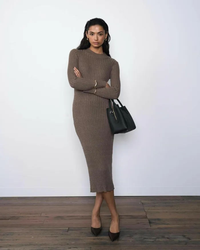 Forcast Payton Long Sleeve Knit Dress Sepiablack Women Midi Dresses