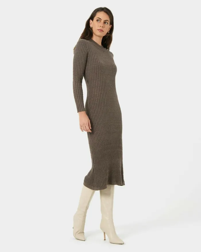 Forcast Payton Long Sleeve Knit Dress Sepiablack Women Midi Dresses