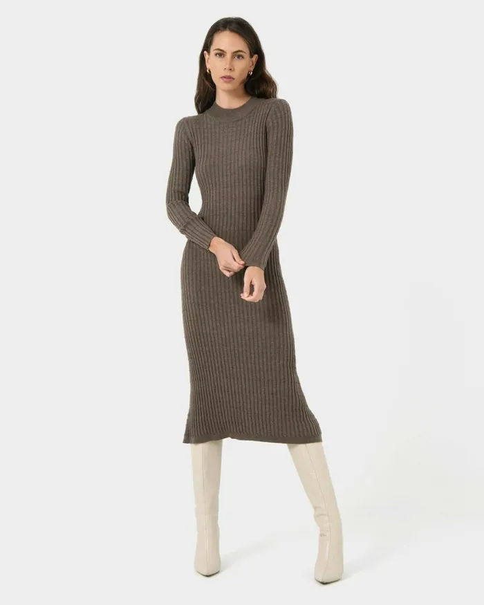 Forcast Payton Long Sleeve Knit Dress Sepiablack Women Midi Dresses