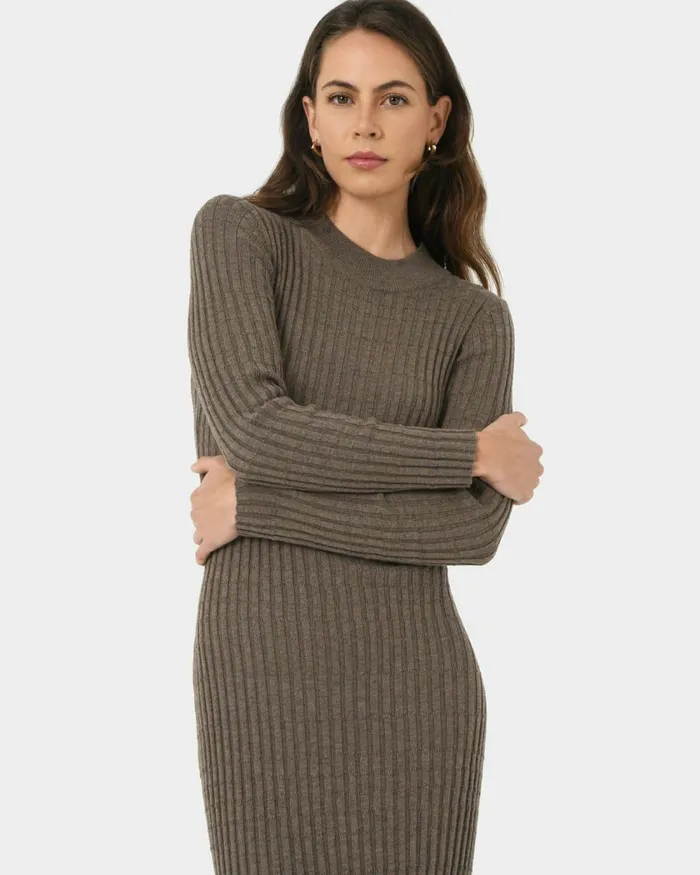 Forcast Payton Long Sleeve Knit Dress Sepiablack Women Midi Dresses