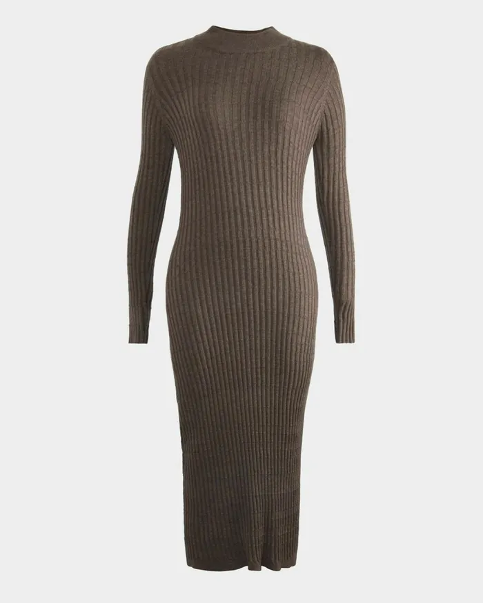 Forcast Payton Long Sleeve Knit Dress Sepiablack Women Midi Dresses