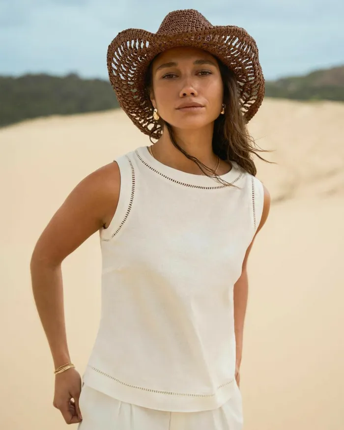 Forcast Perry Linen Embroidery Top Ivoryblack Women TShirts and Tops