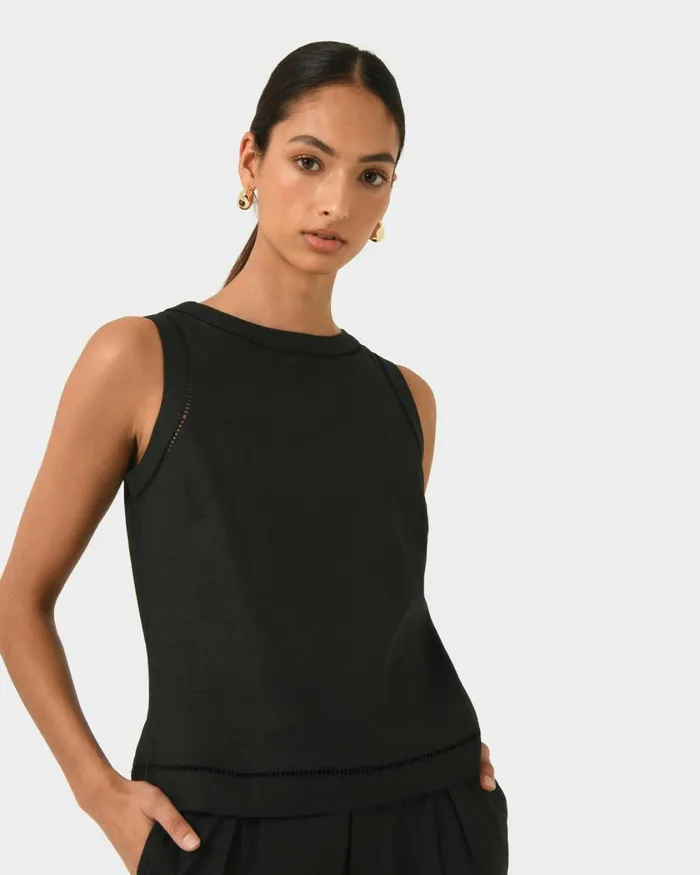 Forcast Perry Linen Embroidery Top Ivoryblack Women TShirts and Tops