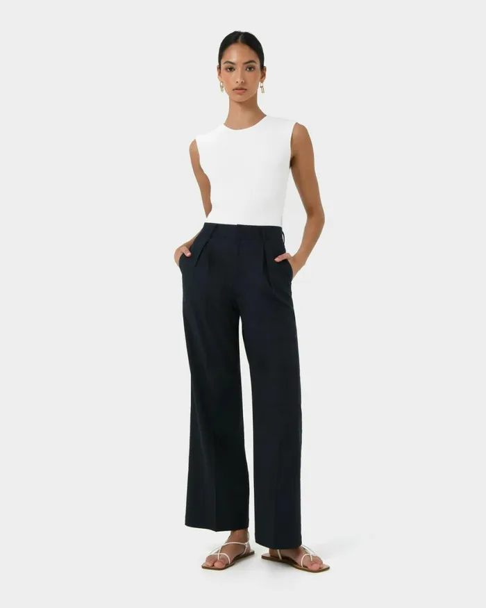 Forcast Perry Linen Tailored Pants Ivorynavyblack Women HighWaisted Pants