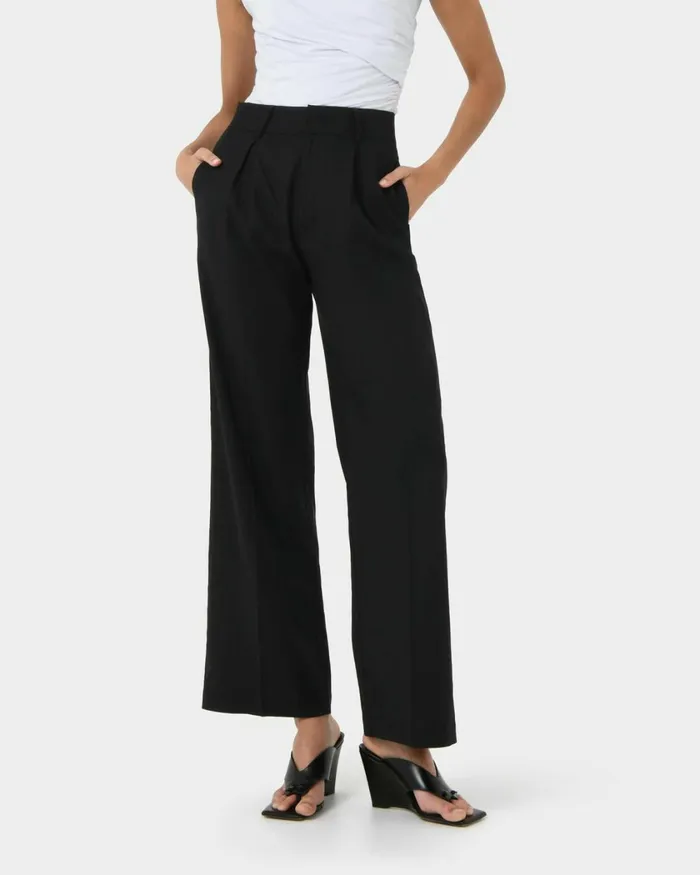 Forcast Perry Linen Tailored Pants Ivorynavyblack Women HighWaisted Pants