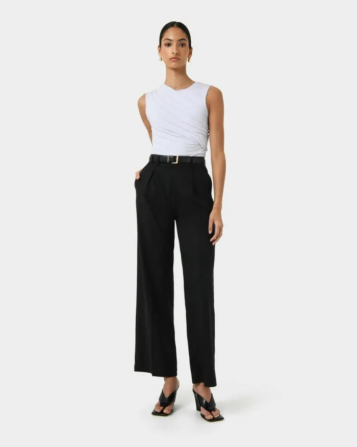 Forcast Perry Linen Tailored Pants Ivorynavyblack Women HighWaisted Pants