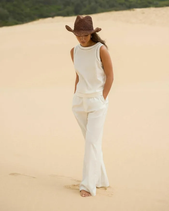 Forcast Perry Linen Tailored Pants Ivorynavyblack Women HighWaisted Pants