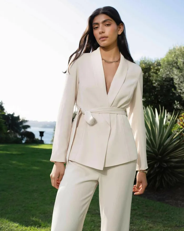 Forcast Rain Belted Blazer Ecrucamelblack Women Work Tops