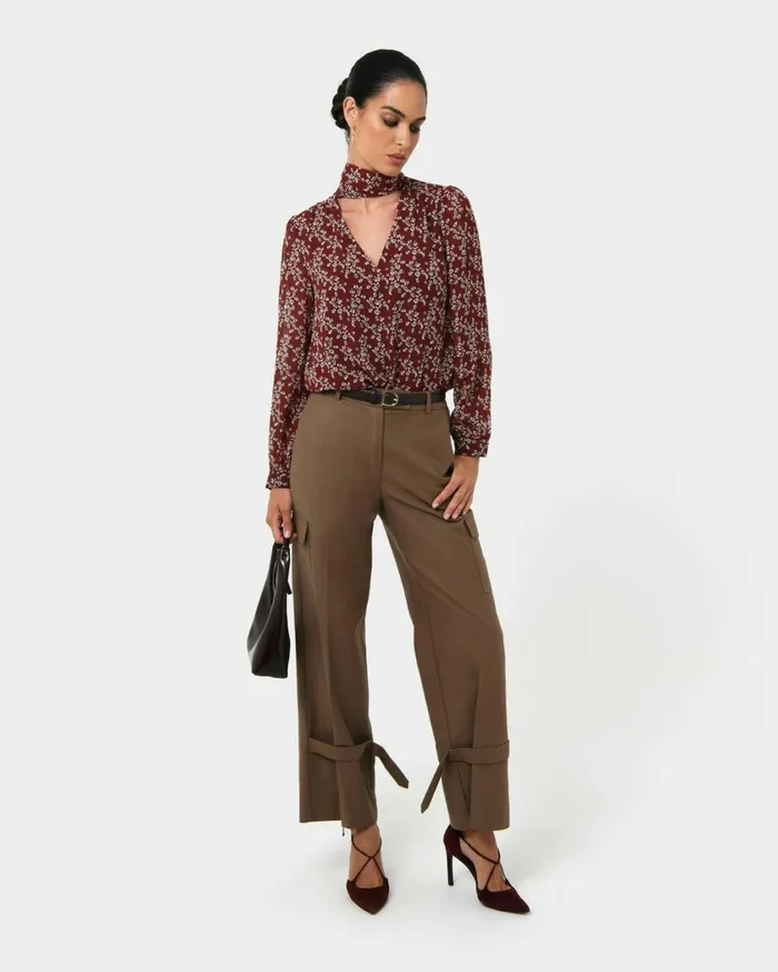 Forcast Rema Floral Tie Blouse Women Long Sleeve Tops