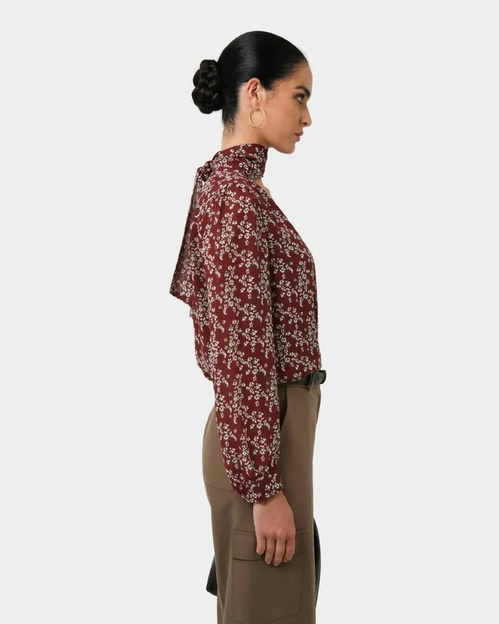 Forcast Rema Floral Tie Blouse Women Long Sleeve Tops
