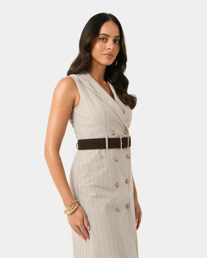 Forcast Ria Stripe Cotton Blend Dress Women Midi Dresses